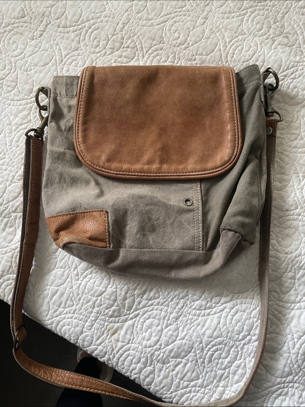 Myra Bag Taupe Canvas Crossbody with Cognac Leather Flap
